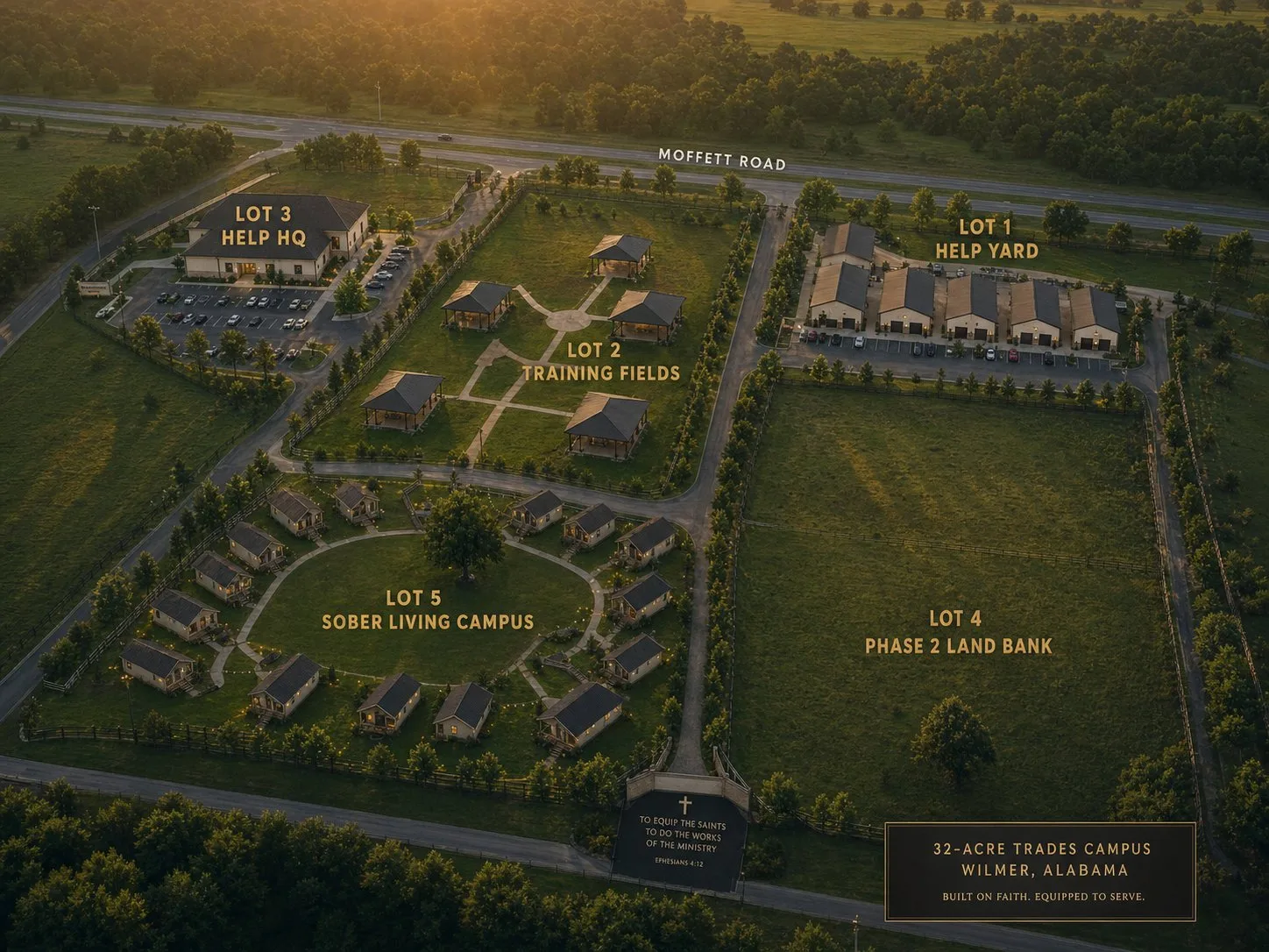 Overall aerial vision for The Crest showing work, training, headquarters, living, and future development areas