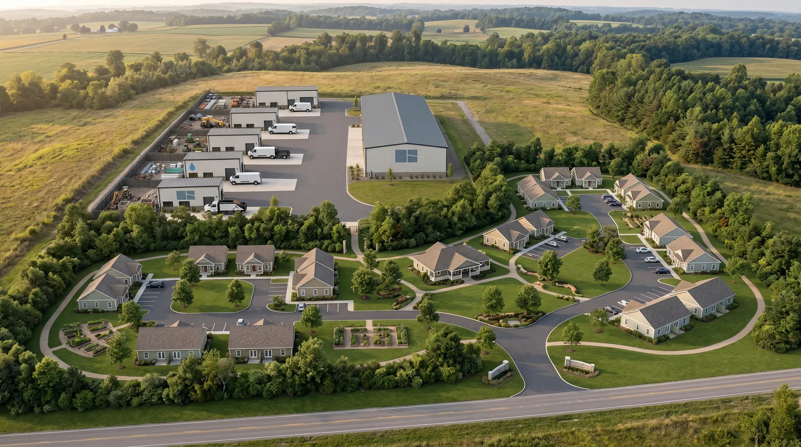 Illustrative land-use study combining working yards, buildings, landscape, and a living community